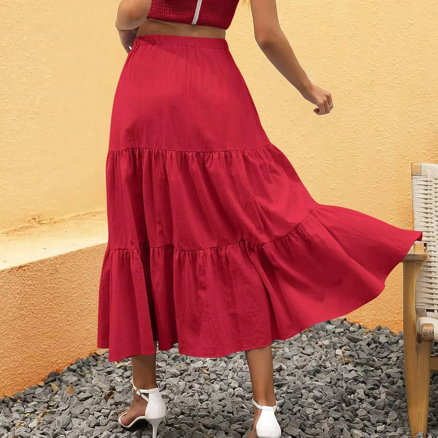Flowy Pleated Maxi Midi Skirts for Women Casual Summer Boho Maxi Skirt Solid Color High Waisted Swing Tiered A-Line Skirt