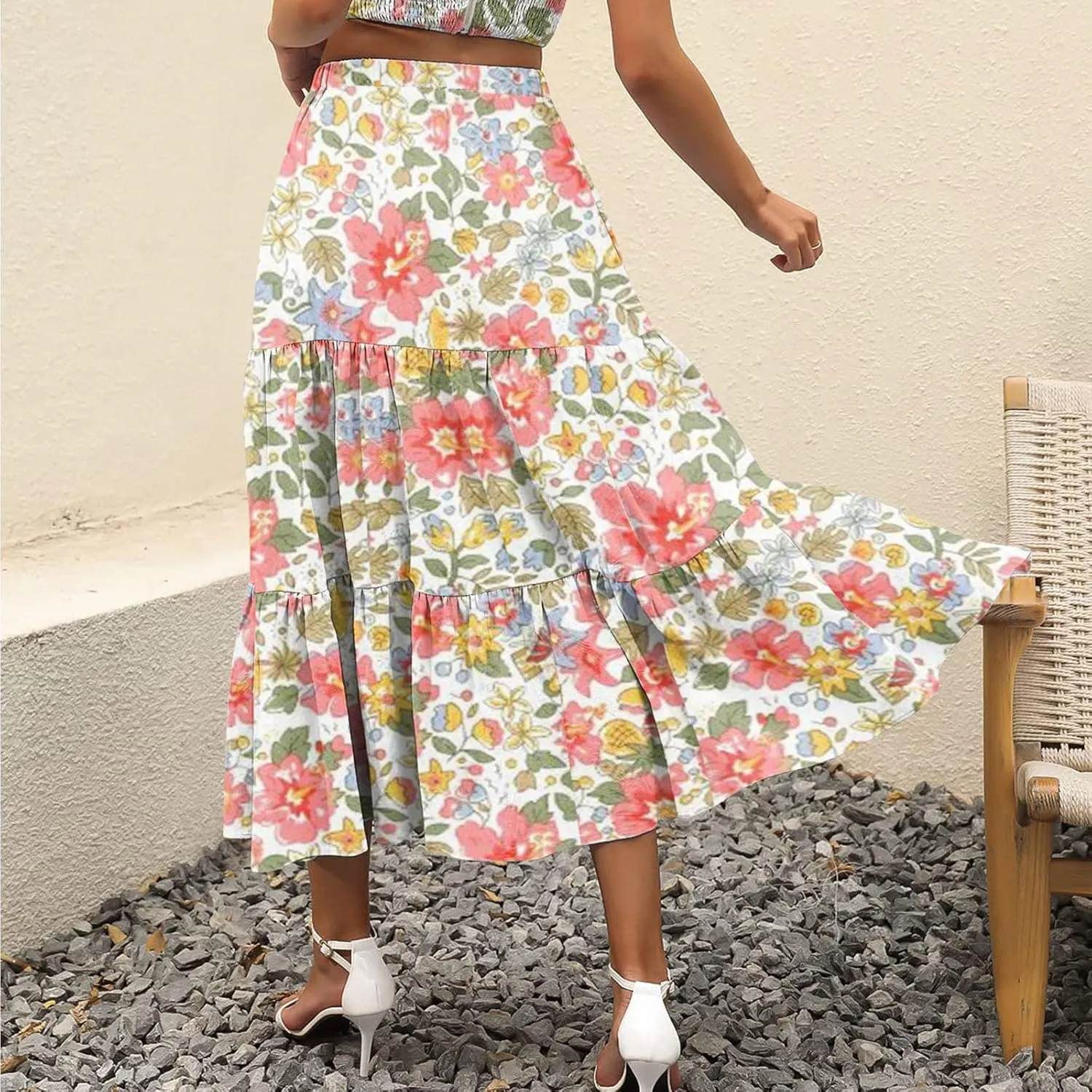 Flowy Pleated Maxi Midi Skirts for Women Casual Summer Boho Maxi Skirt Solid Color High Waisted Swing Tiered A-Line Skirt