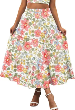 Flowy Pleated Maxi Midi Skirts for Women Casual Summer Boho Maxi Skirt Solid Color High Waisted Swing Tiered A-Line Skirt