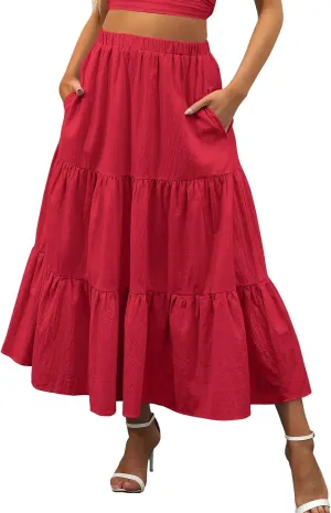Flowy Pleated Maxi Midi Skirts for Women Casual Summer Boho Maxi Skirt Solid Color High Waisted Swing Tiered A-Line Skirt