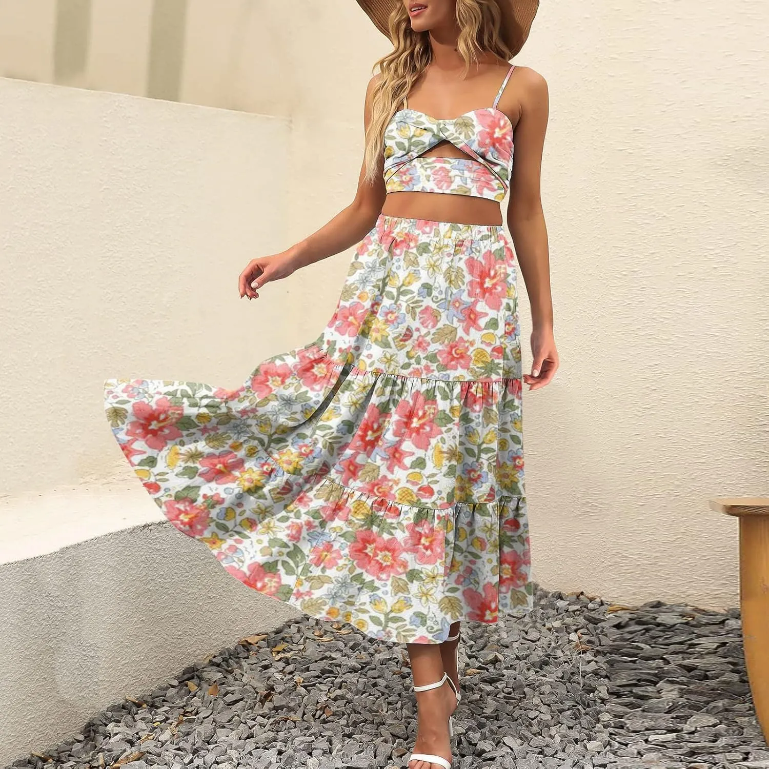 Flowy Pleated Maxi Midi Skirts for Women Casual Summer Boho Maxi Skirt Solid Color High Waisted Swing Tiered A-Line Skirt