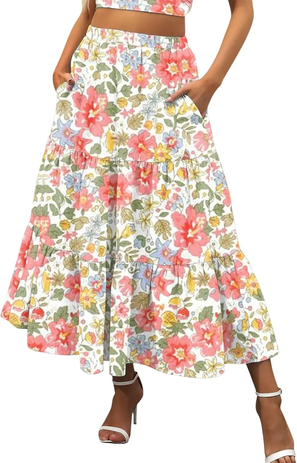 Flowy Pleated Maxi Midi Skirts for Women Casual Summer Boho Maxi Skirt Solid Color High Waisted Swing Tiered A-Line Skirt