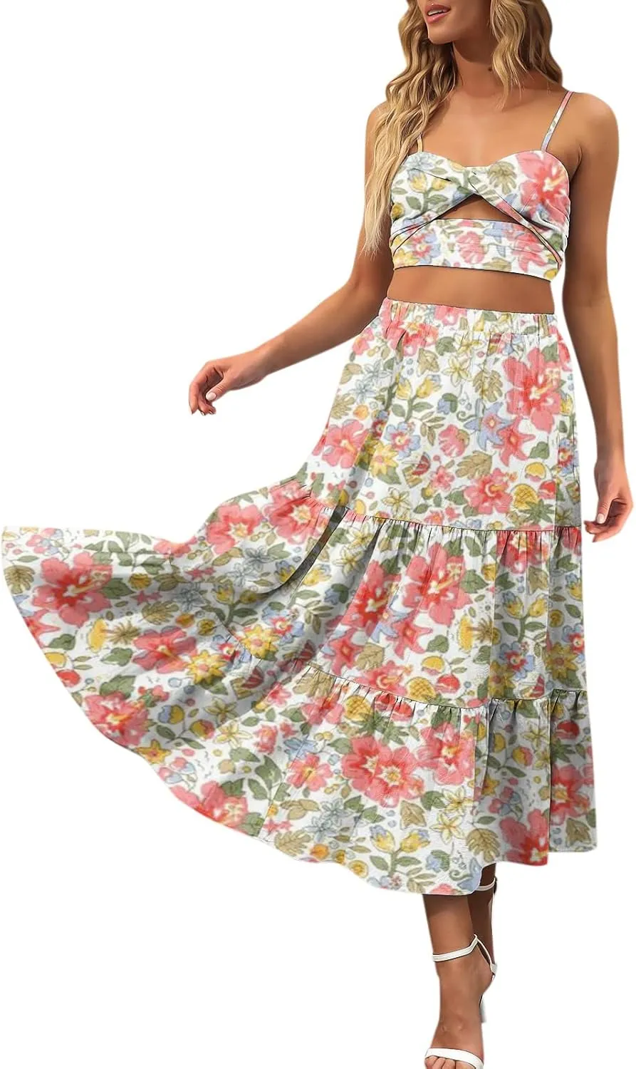 Flowy Pleated Maxi Midi Skirts for Women Casual Summer Boho Maxi Skirt Solid Color High Waisted Swing Tiered A-Line Skirt