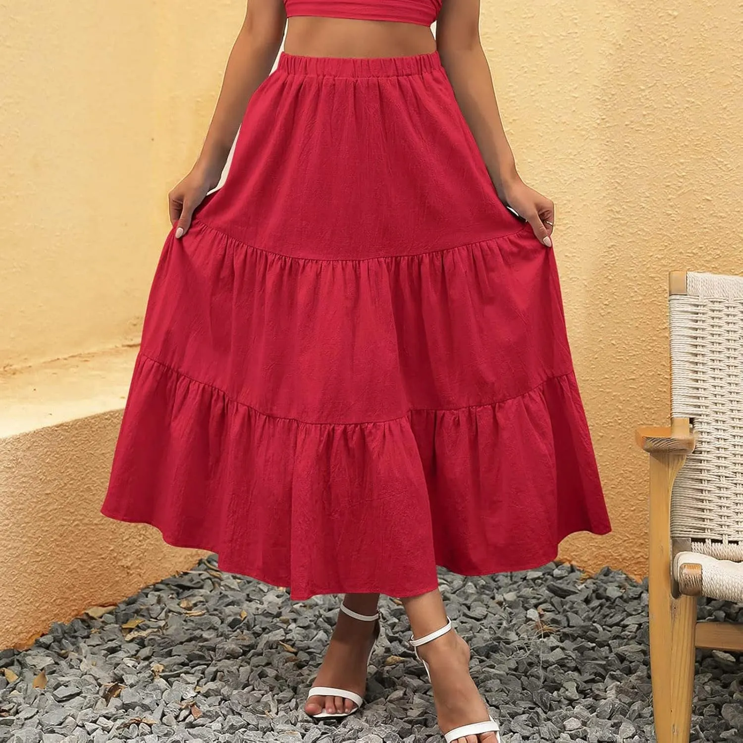 Flowy Pleated Maxi Midi Skirts for Women Casual Summer Boho Maxi Skirt Solid Color High Waisted Swing Tiered A-Line Skirt