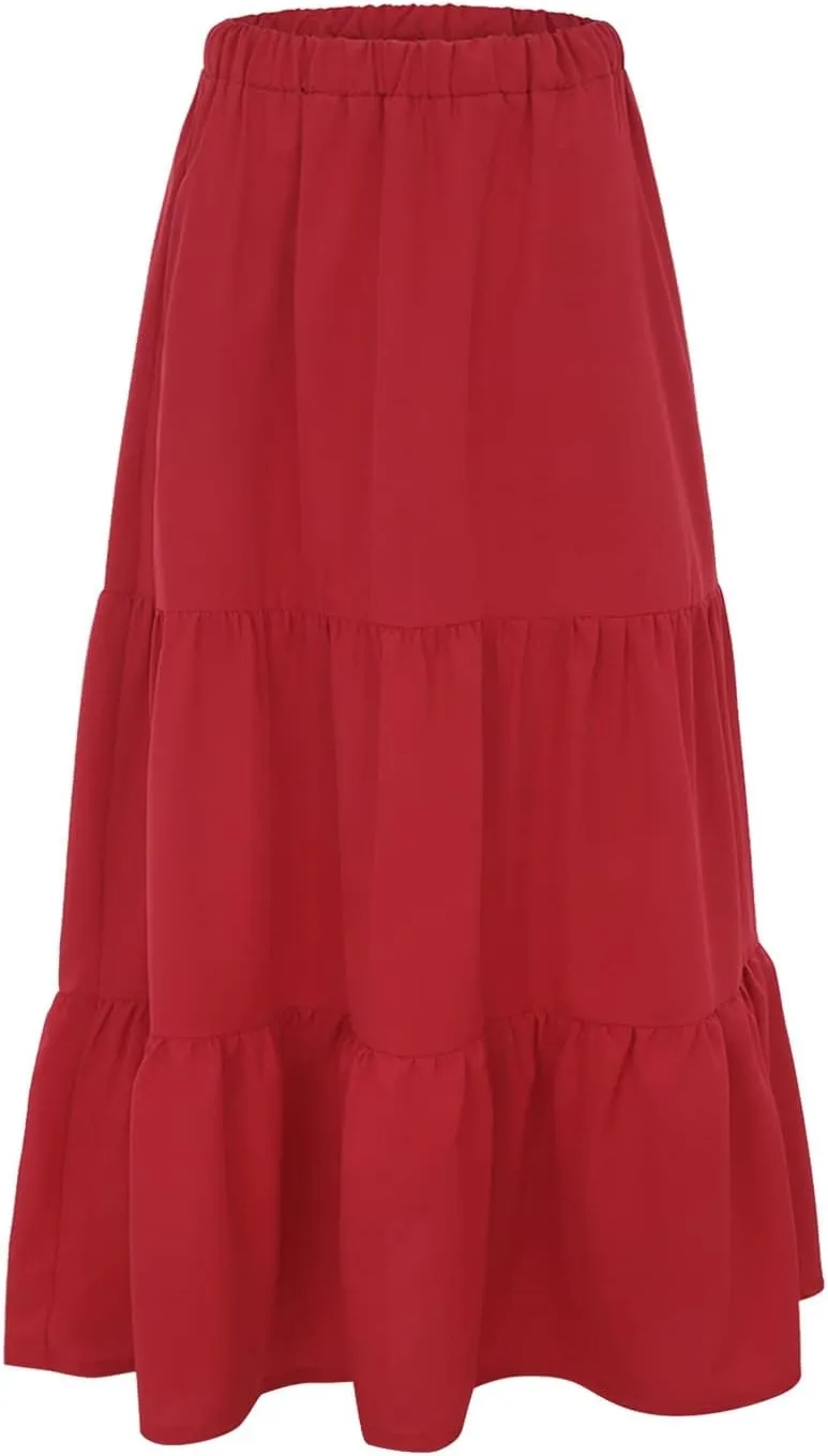 Flowy Pleated Maxi Midi Skirts for Women Casual Summer Boho Maxi Skirt Solid Color High Waisted Swing Tiered A-Line Skirt