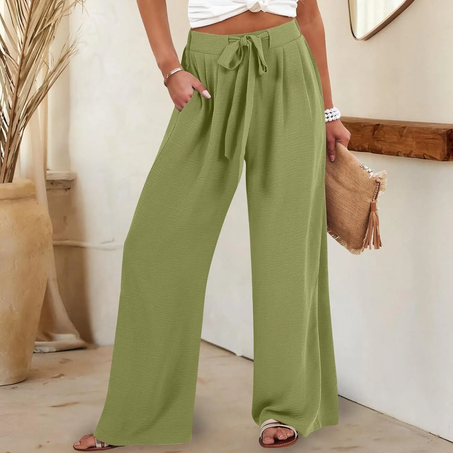 GIERIDUC Linen Palazzo Pants for Women Casual Loose Beach Wide Leg Flowy Trousers Plus Size High Waisted Tie Knot Lounge Pant