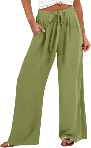GIERIDUC Linen Palazzo Pants for Women Casual Loose Beach Wide Leg Flowy Trousers Plus Size High Waisted Tie Knot Lounge Pant