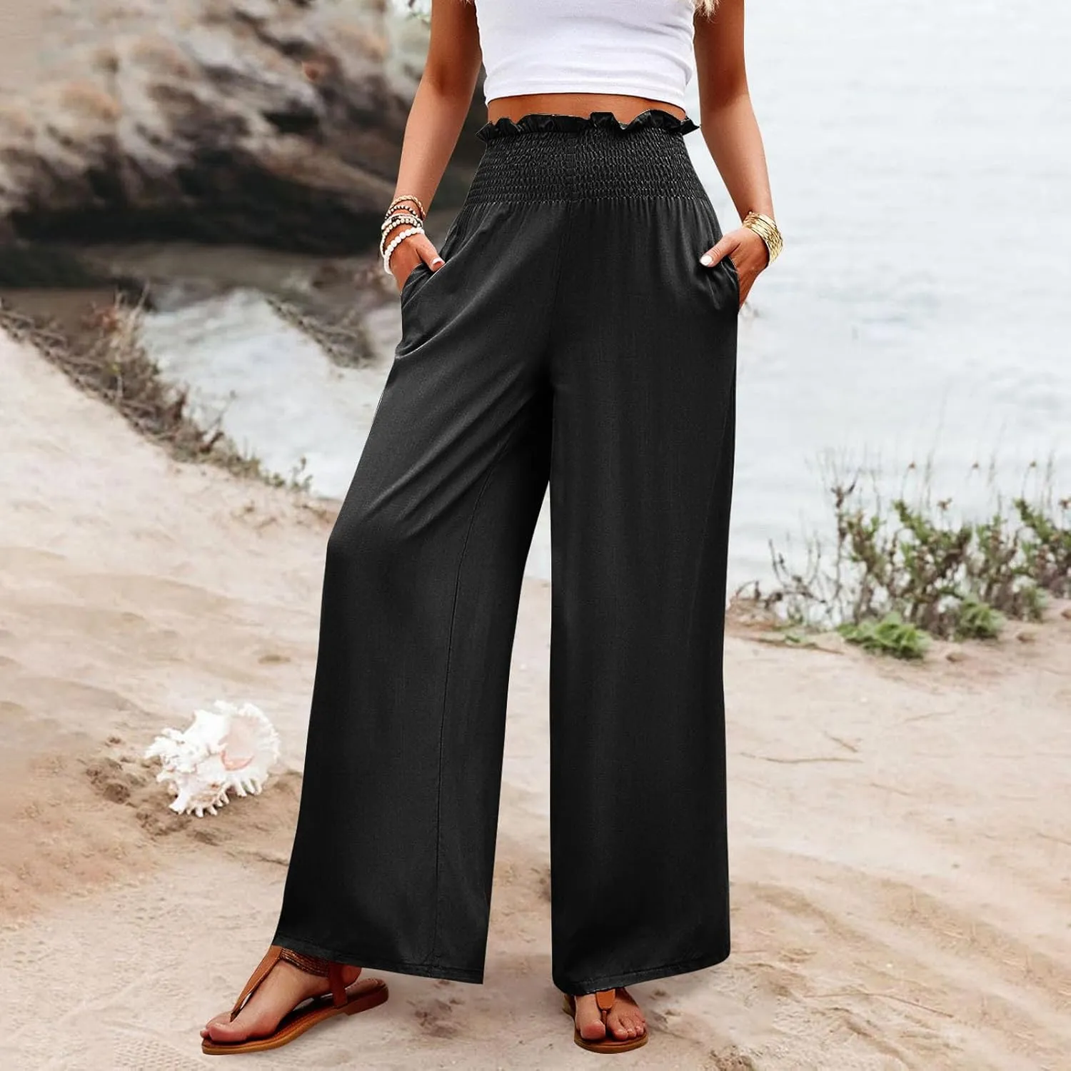 GOFULY Cotton Linen Pants for Women Wide Leg Trendy High Rise Pants Elastic Waist 2025 Summer Soft Solid Trouser with Pockets
