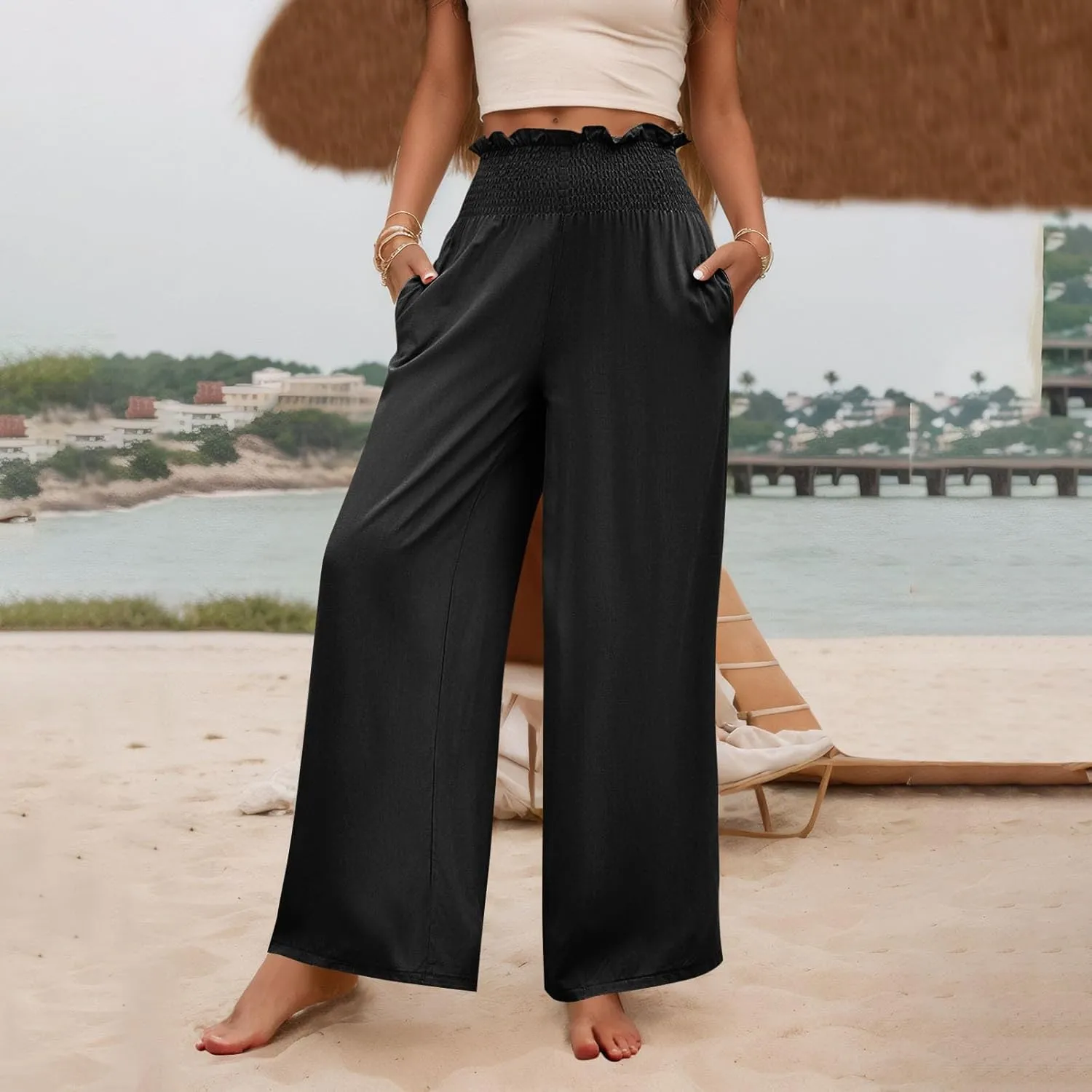 GOFULY Cotton Linen Pants for Women Wide Leg Trendy High Rise Pants Elastic Waist 2025 Summer Soft Solid Trouser with Pockets