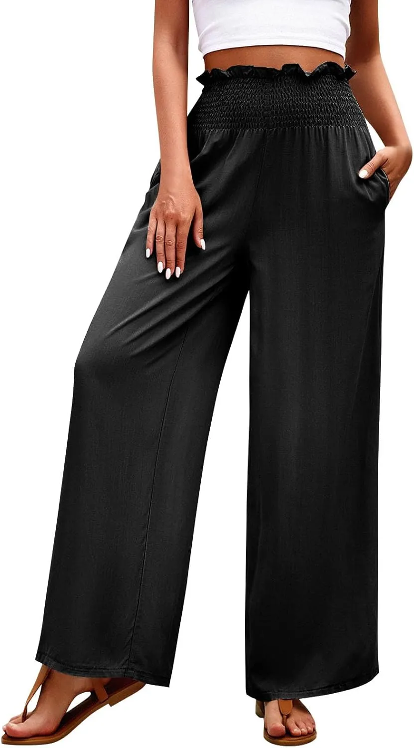 GOFULY Cotton Linen Pants for Women Wide Leg Trendy High Rise Pants Elastic Waist 2025 Summer Soft Solid Trouser with Pockets