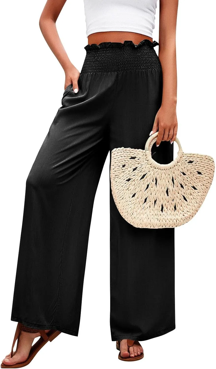 GOFULY Cotton Linen Pants for Women Wide Leg Trendy High Rise Pants Elastic Waist 2025 Summer Soft Solid Trouser with Pockets