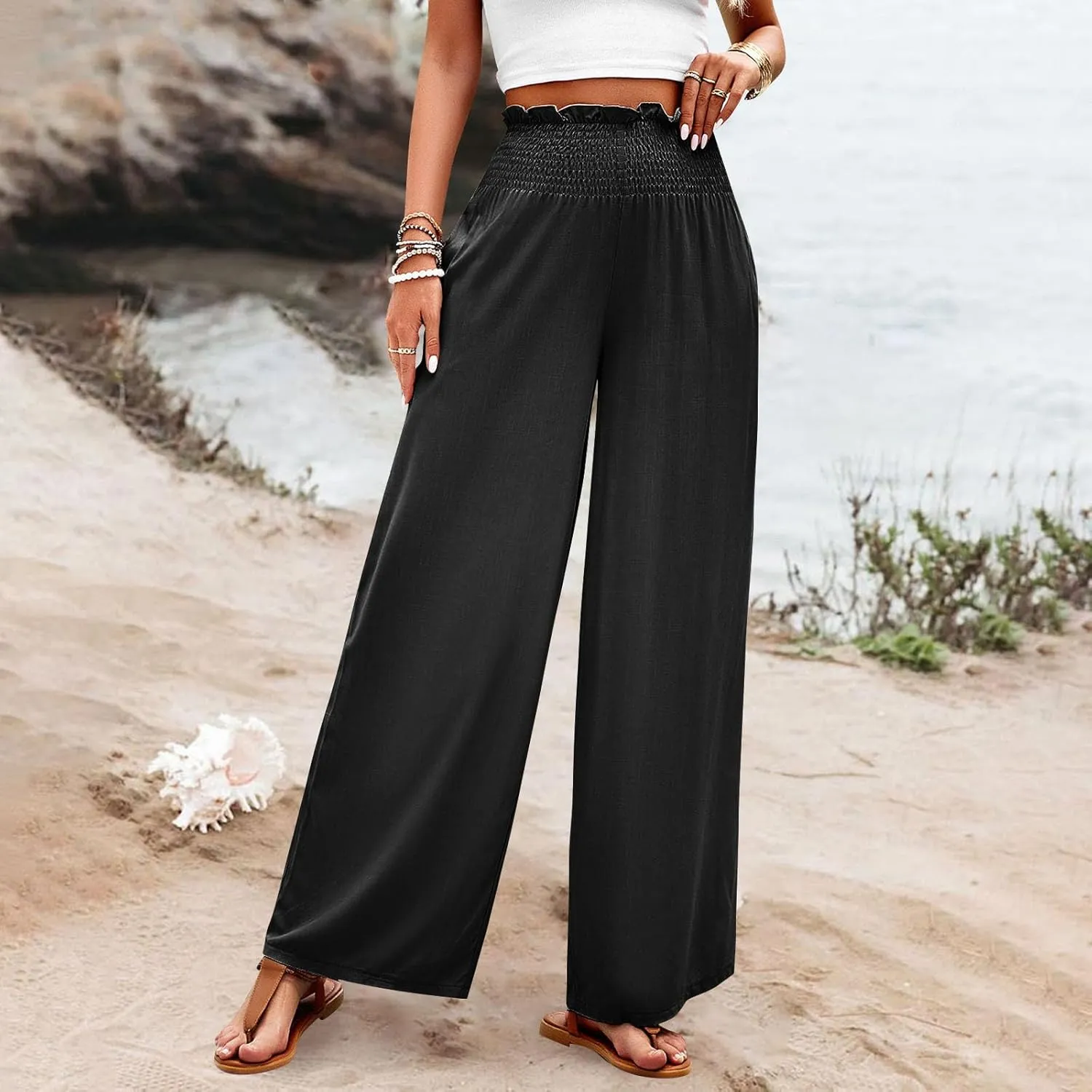 GOFULY Cotton Linen Pants for Women Wide Leg Trendy High Rise Pants Elastic Waist 2025 Summer Soft Solid Trouser with Pockets