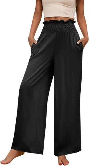 GOFULY Cotton Linen Pants for Women Wide Leg Trendy High Rise Pants Elastic Waist 2025 Summer Soft Solid Trouser with Pockets