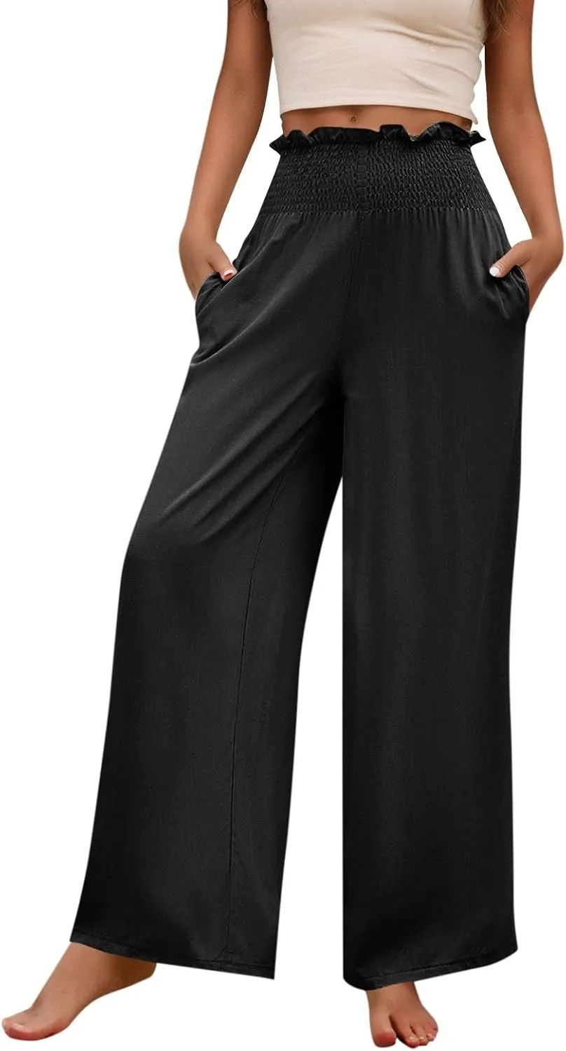 GOFULY Cotton Linen Pants for Women Wide Leg Trendy High Rise Pants Elastic Waist 2025 Summer Soft Solid Trouser with Pockets