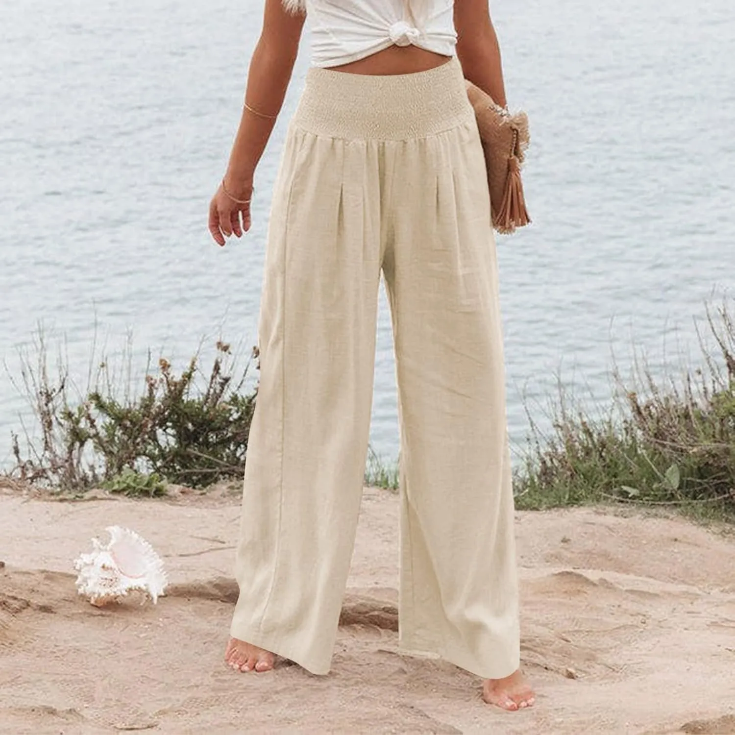 GOFULY Wide Leg Linen Pants Women High Waisted Trendy Summer Elastic Waist Palazzo Pants with Pockets Slim Fit Solid Clothes