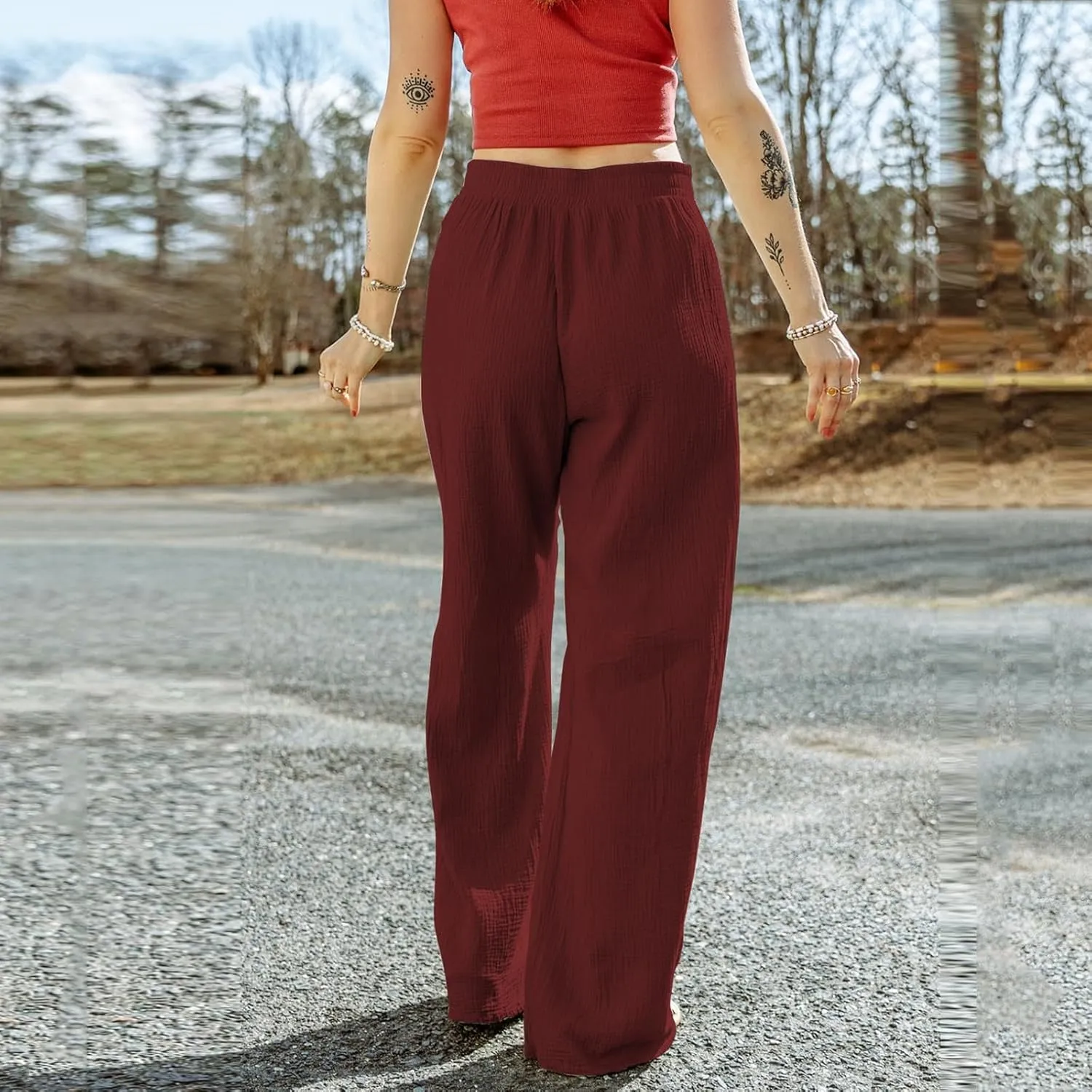 GOFULY Wide Leg Linen Pants Women High Waisted Trendy Summer Elastic Waist Palazzo Pants with Pockets Slim Fit Solid Clothes