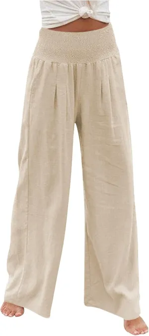 GOFULY Wide Leg Linen Pants Women High Waisted Trendy Summer Elastic Waist Palazzo Pants with Pockets Slim Fit Solid Clothes