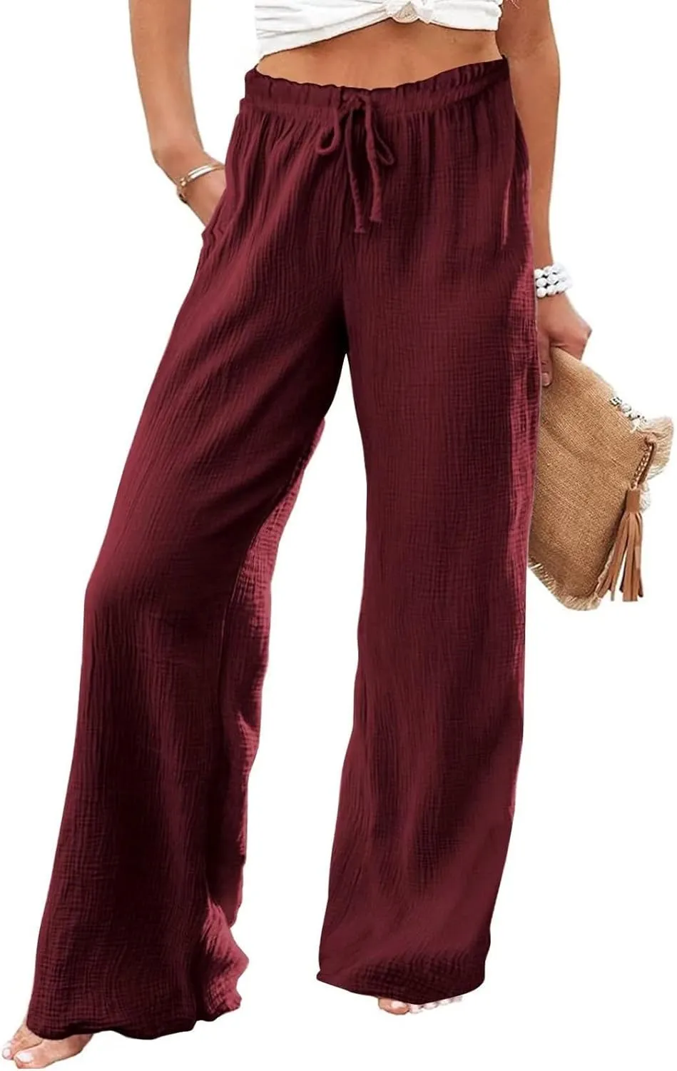 GOFULY Wide Leg Linen Pants Women High Waisted Trendy Summer Elastic Waist Palazzo Pants with Pockets Slim Fit Solid Clothes