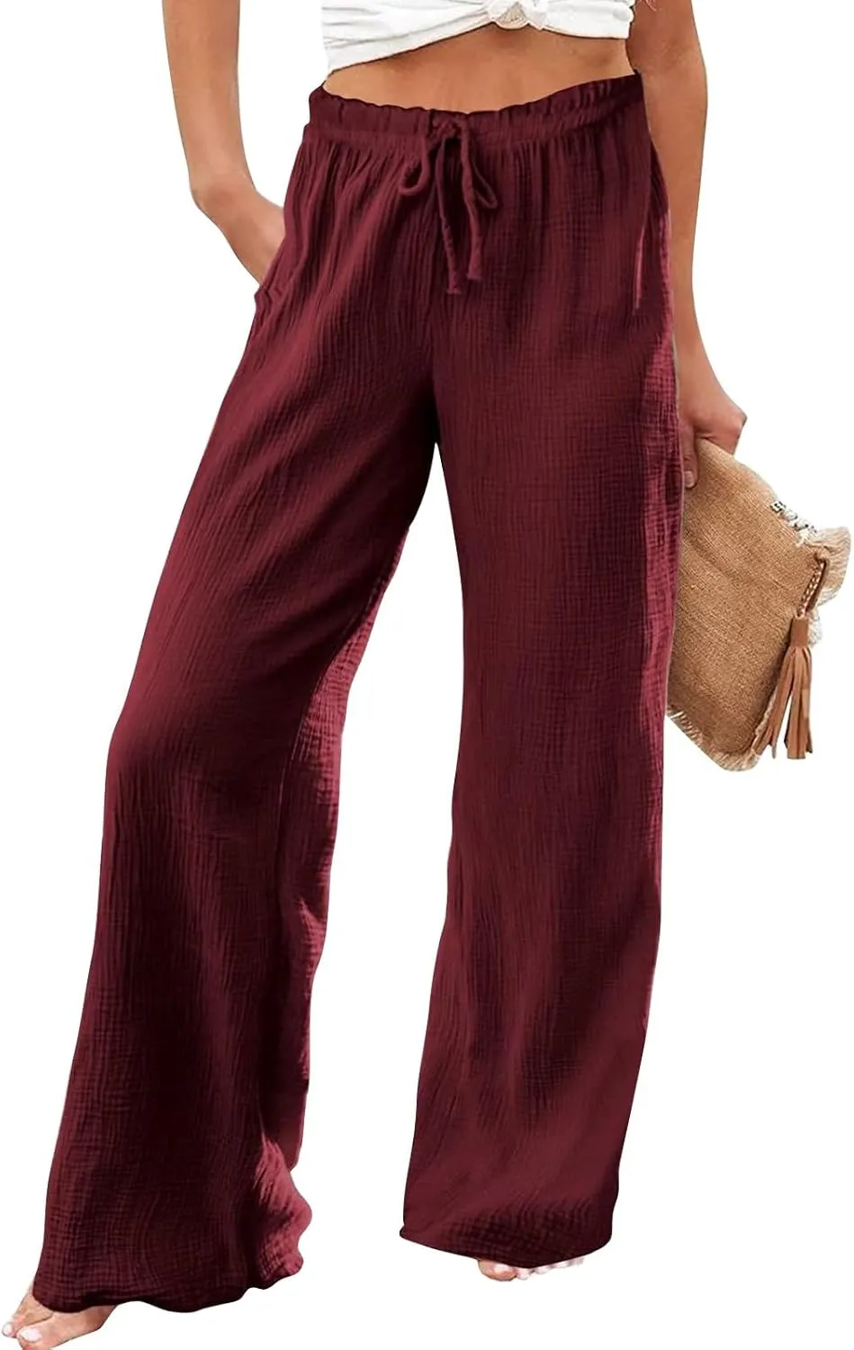 GOFULY Wide Leg Linen Pants Women High Waisted Trendy Summer Elastic Waist Palazzo Pants with Pockets Slim Fit Solid Clothes