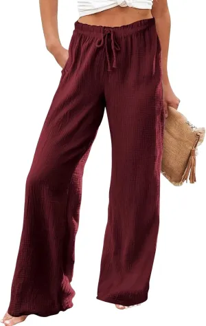 GOFULY Wide Leg Linen Pants Women High Waisted Trendy Summer Elastic Waist Palazzo Pants with Pockets Slim Fit Solid Clothes