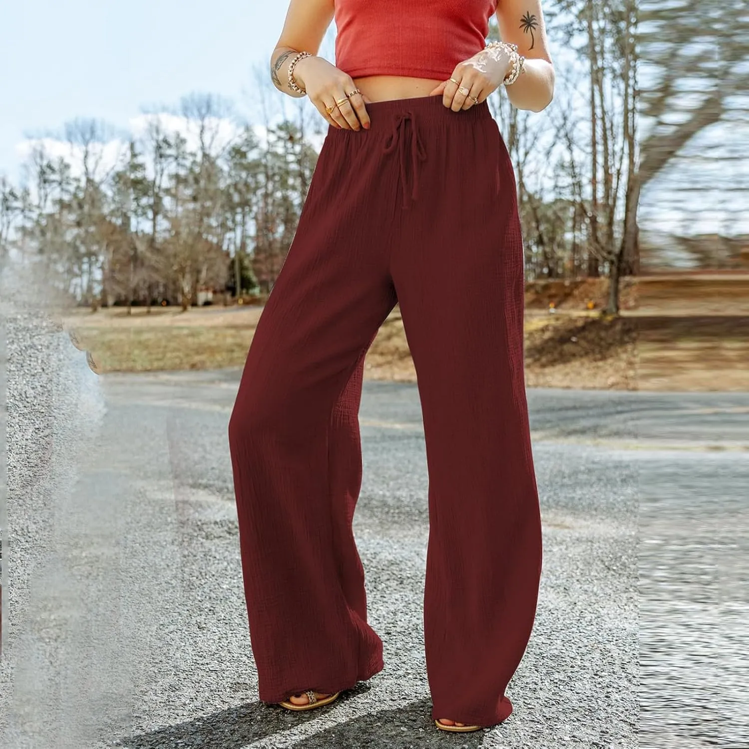 GOFULY Wide Leg Linen Pants Women High Waisted Trendy Summer Elastic Waist Palazzo Pants with Pockets Slim Fit Solid Clothes