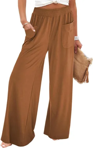 GRAPENT Wide Leg Pants for Women High Wasited Baggy Palazzo Pants Casual Pull On Bell Bottom Smocked Elastic Waist Pants