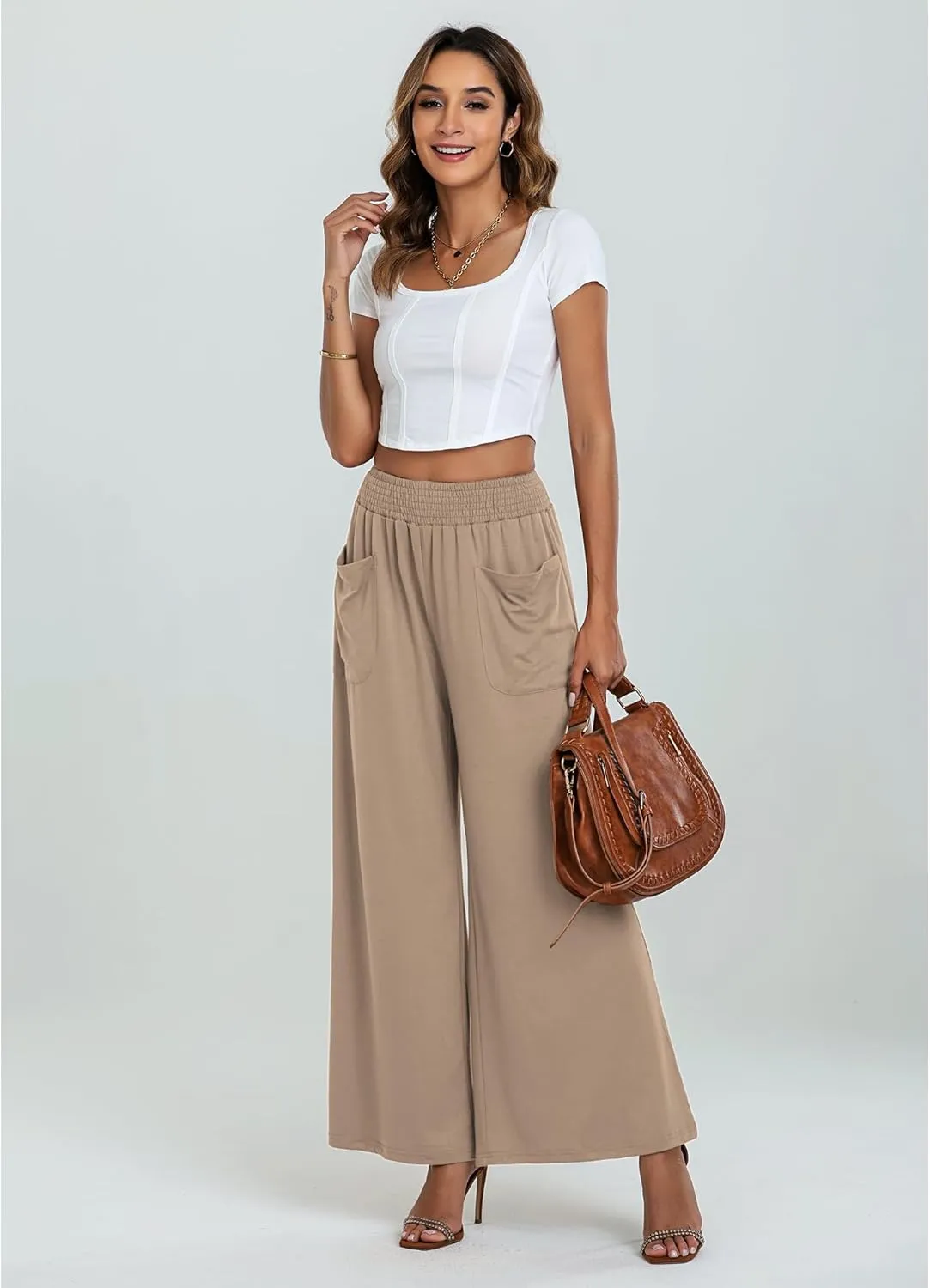GRAPENT Wide Leg Pants for Women High Wasited Baggy Palazzo Pants Casual Pull On Bell Bottom Smocked Elastic Waist Pants