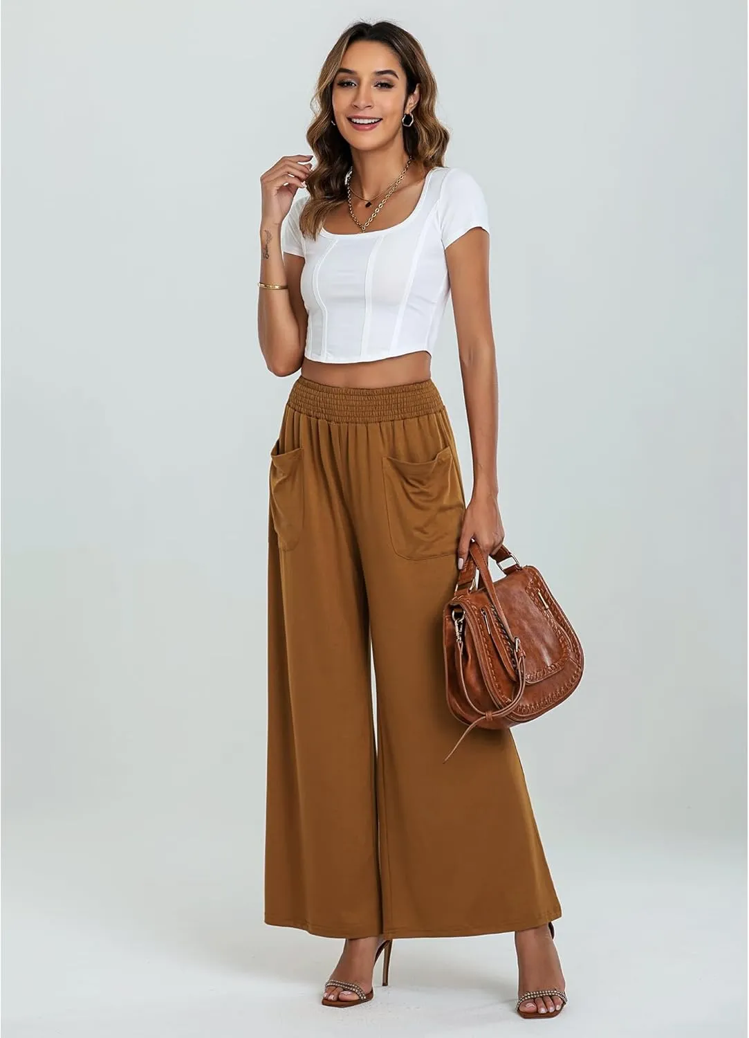 GRAPENT Wide Leg Pants for Women High Wasited Baggy Palazzo Pants Casual Pull On Bell Bottom Smocked Elastic Waist Pants