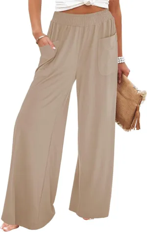 GRAPENT Wide Leg Pants for Women High Wasited Baggy Palazzo Pants Casual Pull On Bell Bottom Smocked Elastic Waist Pants