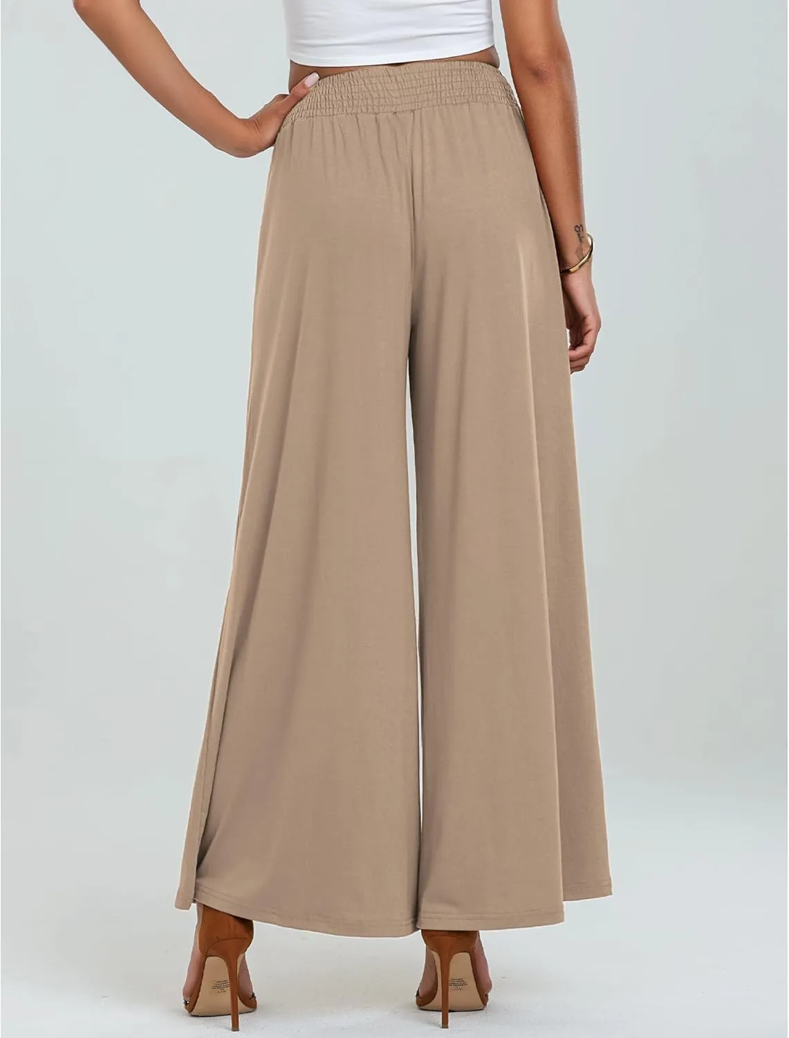 GRAPENT Wide Leg Pants for Women High Wasited Baggy Palazzo Pants Casual Pull On Bell Bottom Smocked Elastic Waist Pants