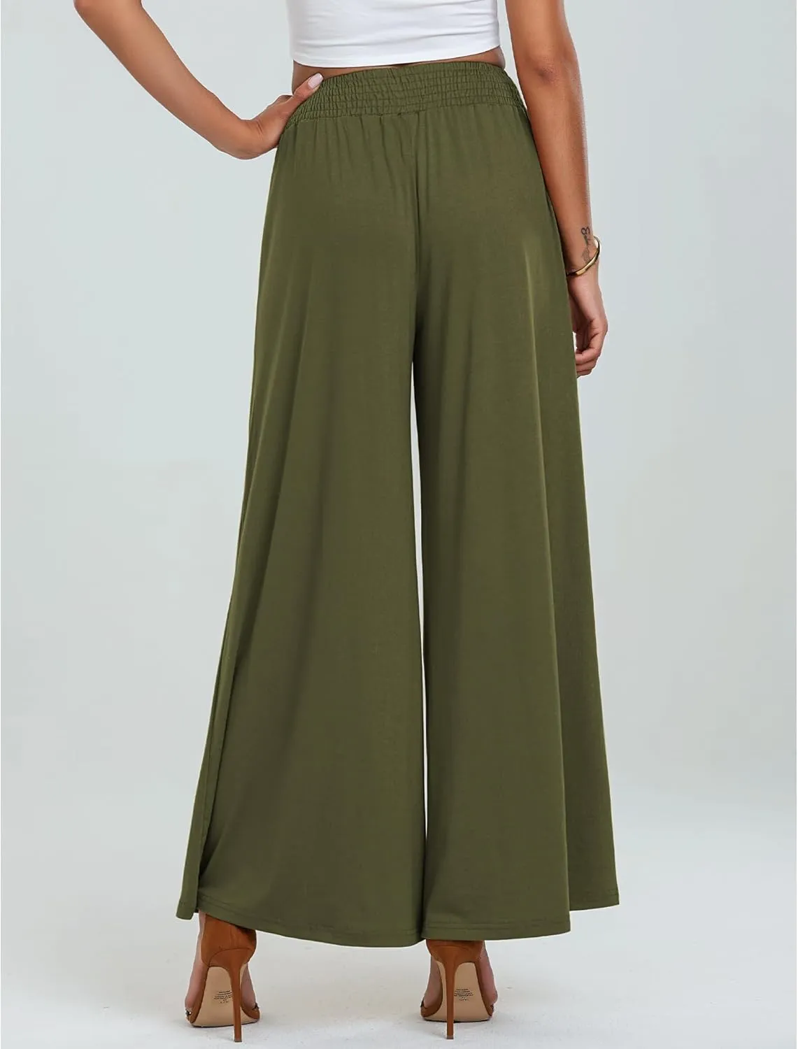 GRAPENT Wide Leg Pants for Women High Wasited Baggy Palazzo Pants Casual Pull On Bell Bottom Smocked Elastic Waist Pants