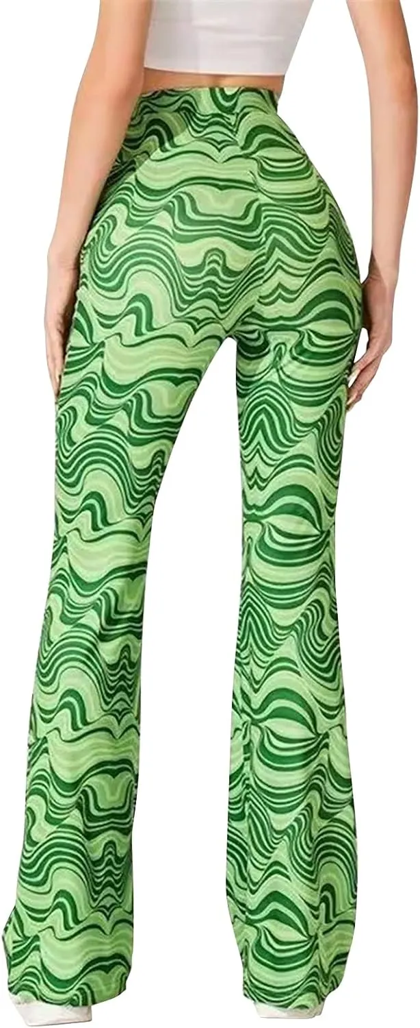 GUOLEZEEV Women High Waisted Flare Leggings Bohemian Print Flowy Pants Bell Bottom