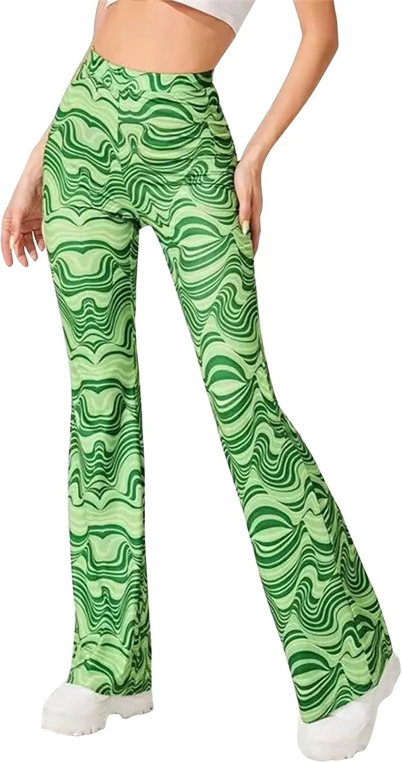 GUOLEZEEV Women High Waisted Flare Leggings Bohemian Print Flowy Pants Bell Bottom