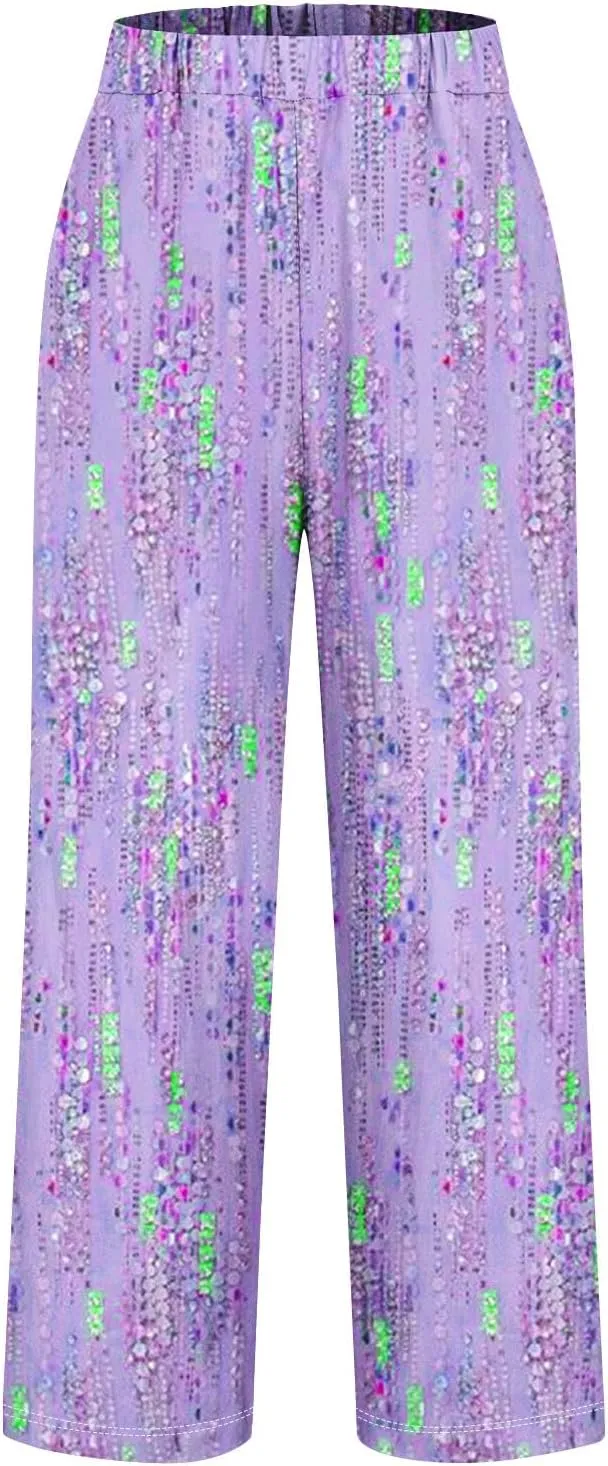 Hawaii Capri Pants Womens Casual Boho Tropical Floral Print Slacks Elastic High Waist Drawstring Summer Beach Trousers