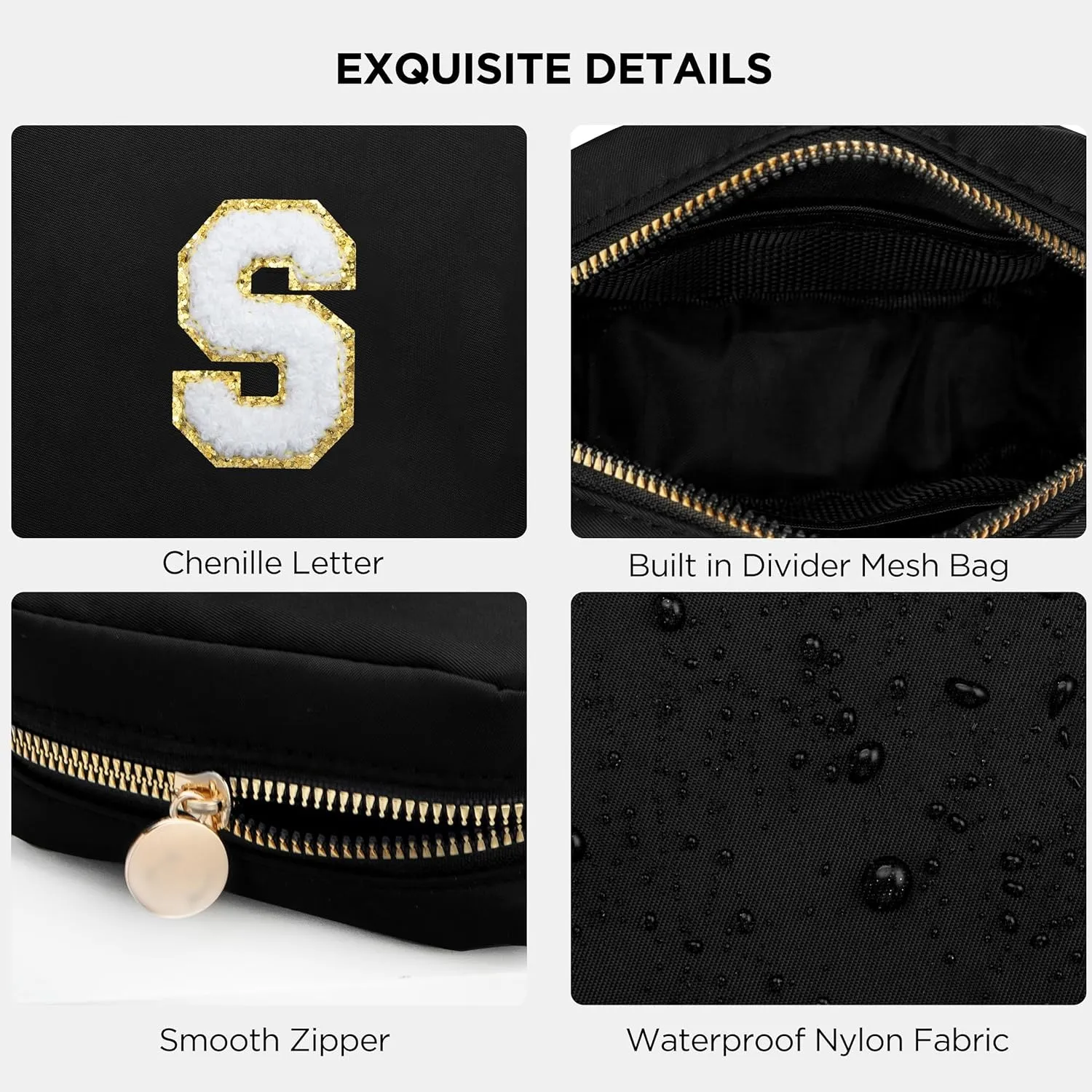 HBselect Small Makeup Bag Personalized Initial Letter Mini Makeup Bags Nylon Chenille Letter Patch Cosmetic Bag Cute Waterproof Pouch Travel Toiletry Bag Preppy Coin Purse Gift for Women Teen Girls
