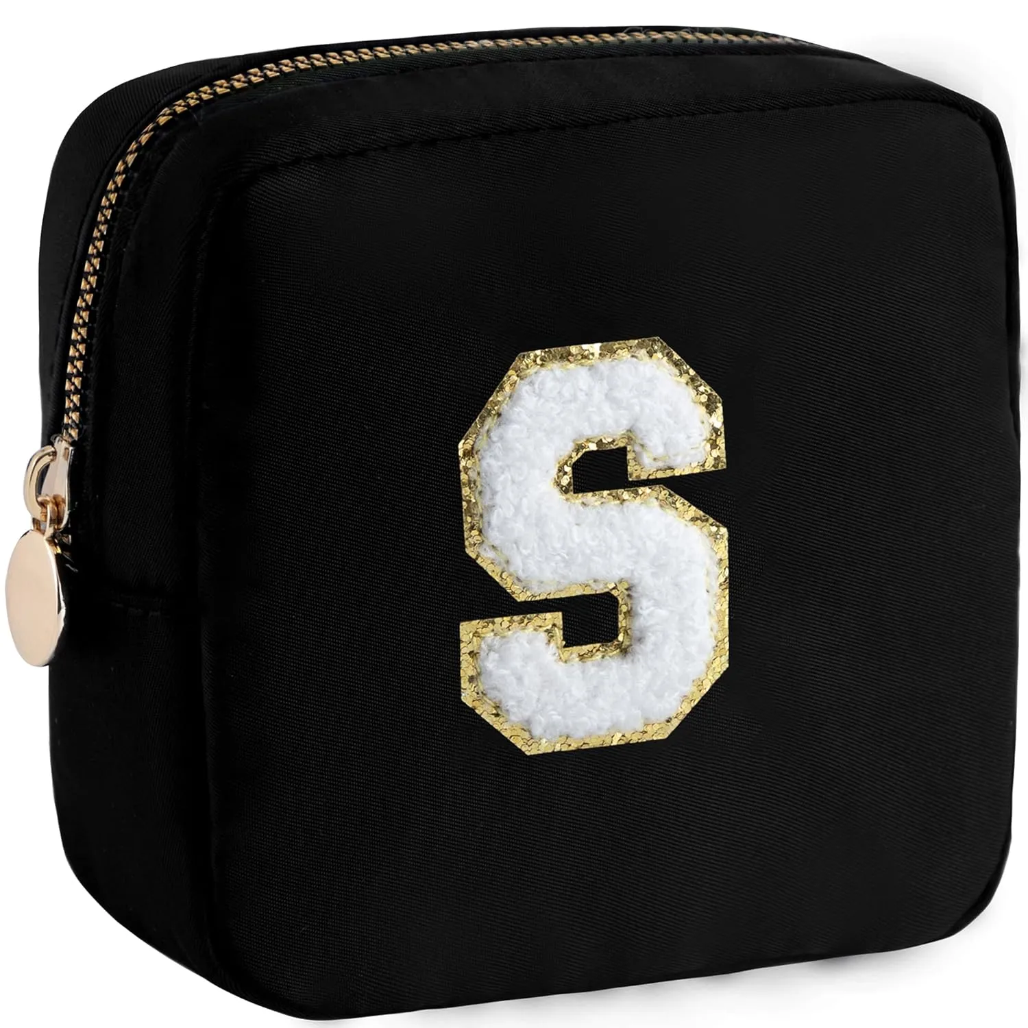 HBselect Small Makeup Bag Personalized Initial Letter Mini Makeup Bags Nylon Chenille Letter Patch Cosmetic Bag Cute Waterproof Pouch Travel Toiletry Bag Preppy Coin Purse Gift for Women Teen Girls