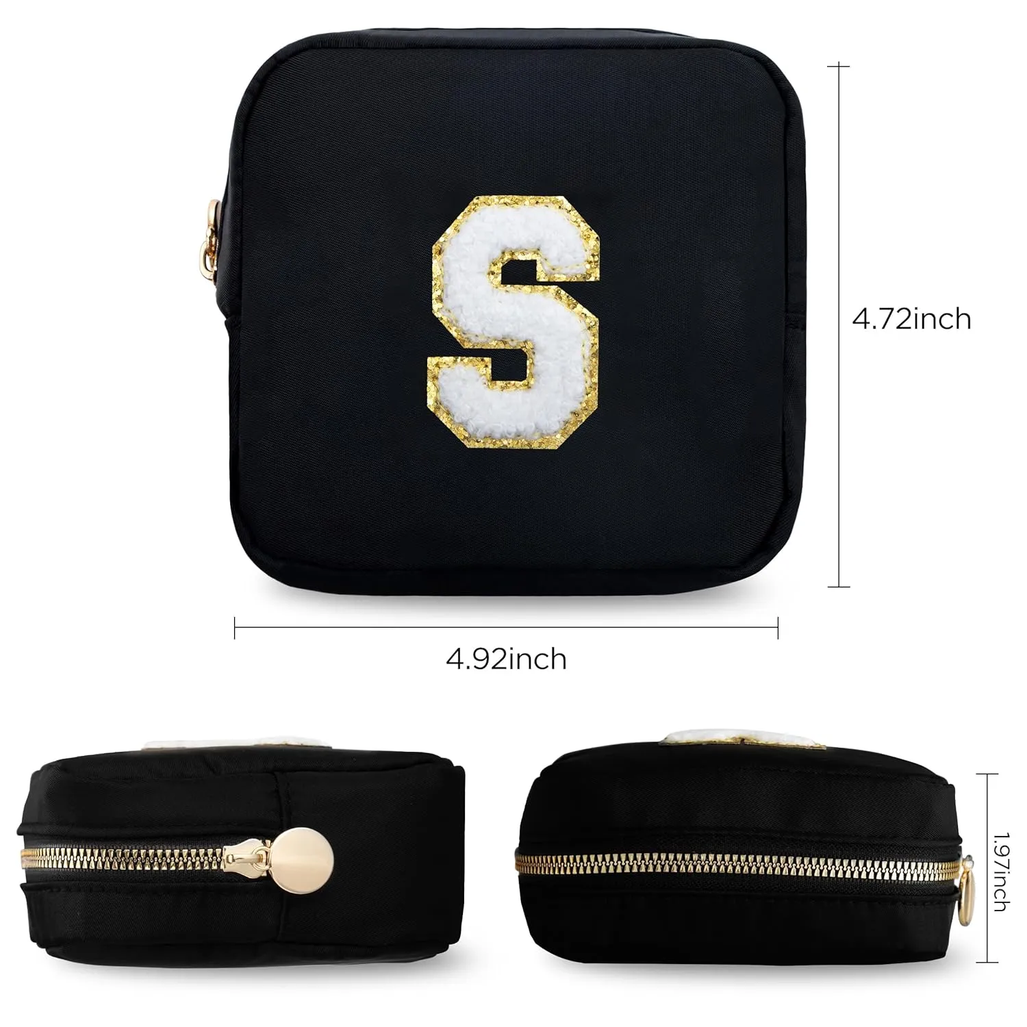 HBselect Small Makeup Bag Personalized Initial Letter Mini Makeup Bags Nylon Chenille Letter Patch Cosmetic Bag Cute Waterproof Pouch Travel Toiletry Bag Preppy Coin Purse Gift for Women Teen Girls
