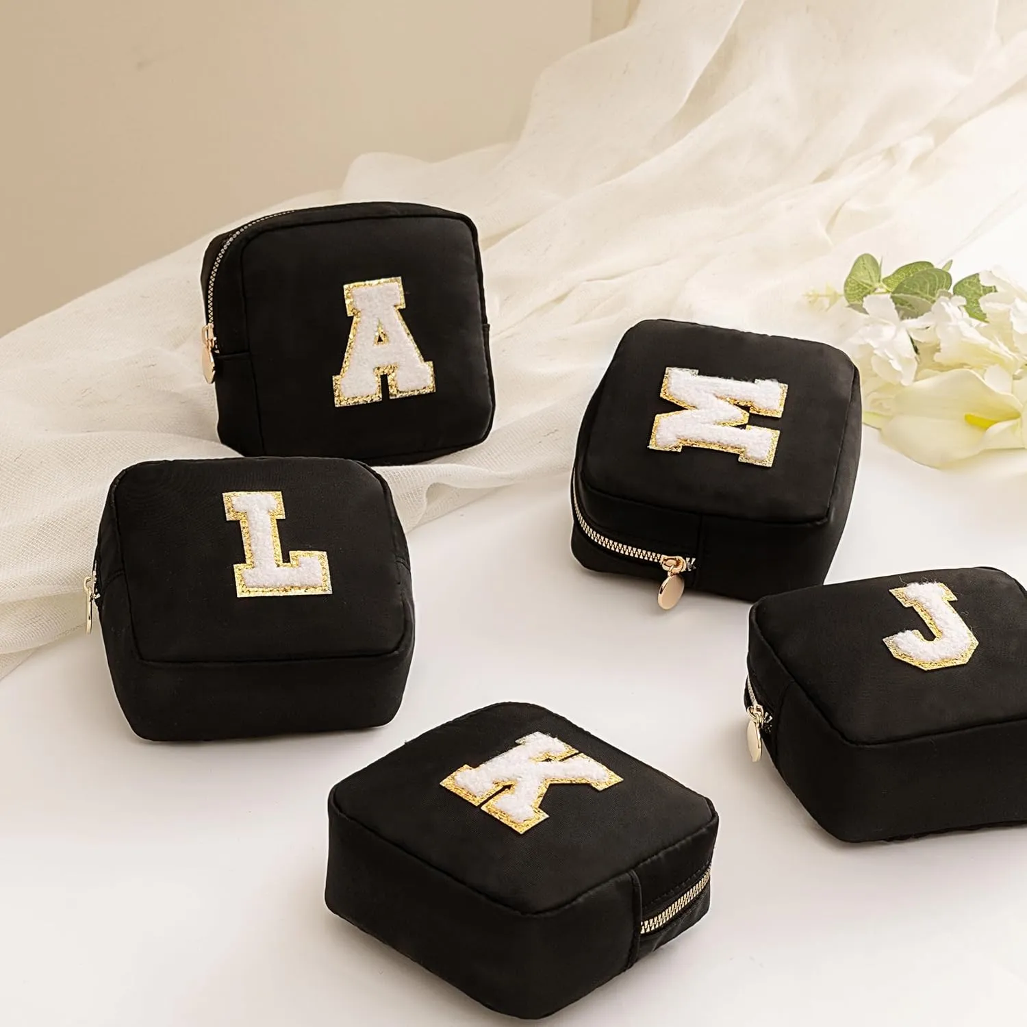 HBselect Small Makeup Bag Personalized Initial Letter Mini Makeup Bags Nylon Chenille Letter Patch Cosmetic Bag Cute Waterproof Pouch Travel Toiletry Bag Preppy Coin Purse Gift for Women Teen Girls
