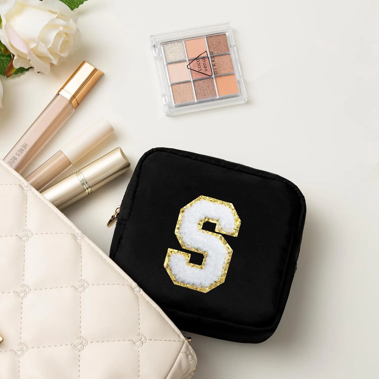 HBselect Small Makeup Bag Personalized Initial Letter Mini Makeup Bags Nylon Chenille Letter Patch Cosmetic Bag Cute Waterproof Pouch Travel Toiletry Bag Preppy Coin Purse Gift for Women Teen Girls