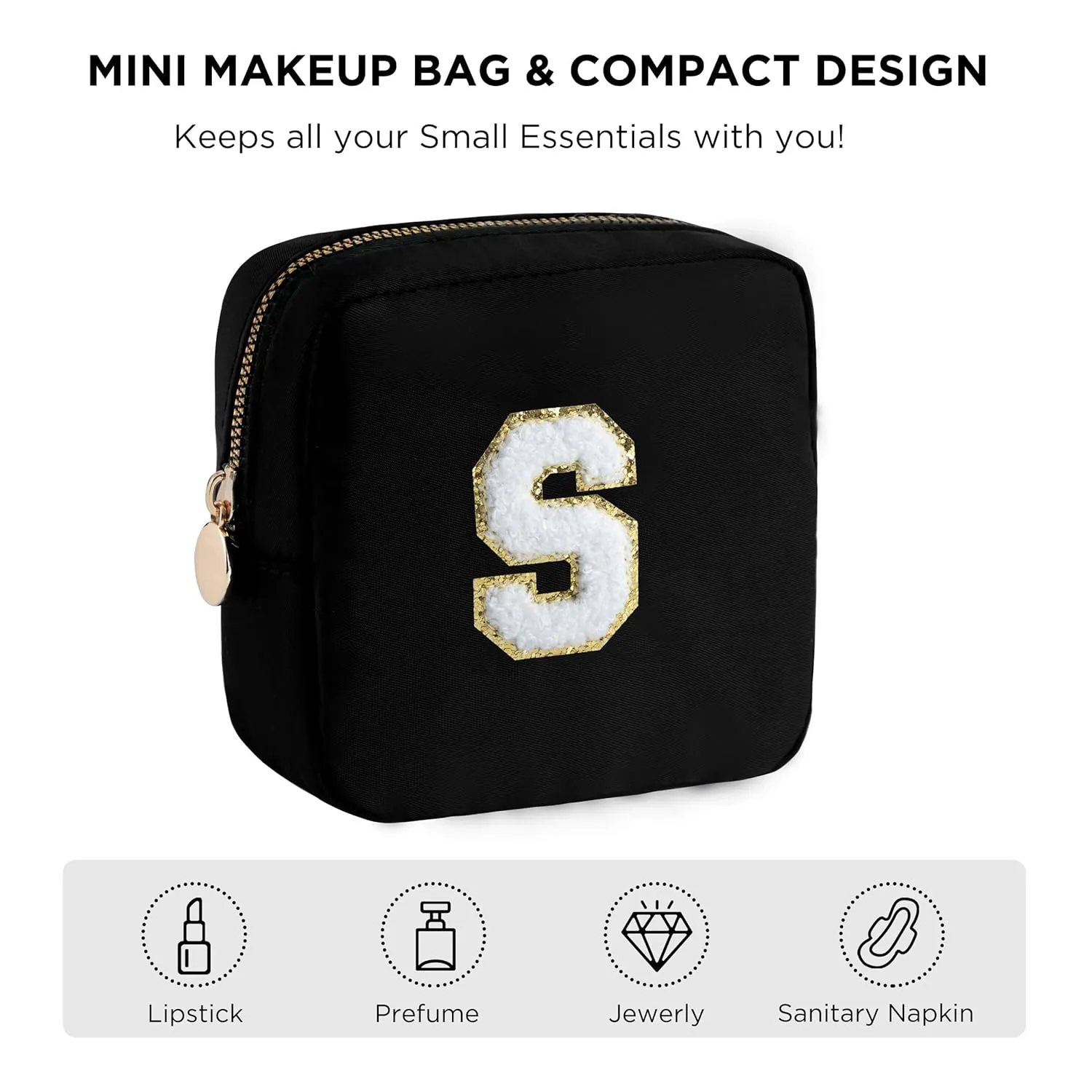 HBselect Small Makeup Bag Personalized Initial Letter Mini Makeup Bags Nylon Chenille Letter Patch Cosmetic Bag Cute Waterproof Pouch Travel Toiletry Bag Preppy Coin Purse Gift for Women Teen Girls