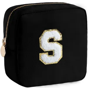 HBselect Small Makeup Bag Personalized Initial Letter Mini Makeup Bags Nylon Chenille Letter Patch Cosmetic Bag Cute Waterproof Pouch Travel Toiletry Bag Preppy Coin Purse Gift for Women Teen Girls