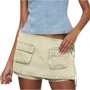HGps8w Women's Stretchy Denim Cargo Skort Sexy High Waisted 2025 Summer Casual Mini Jean Skirt Shorts with Pockets