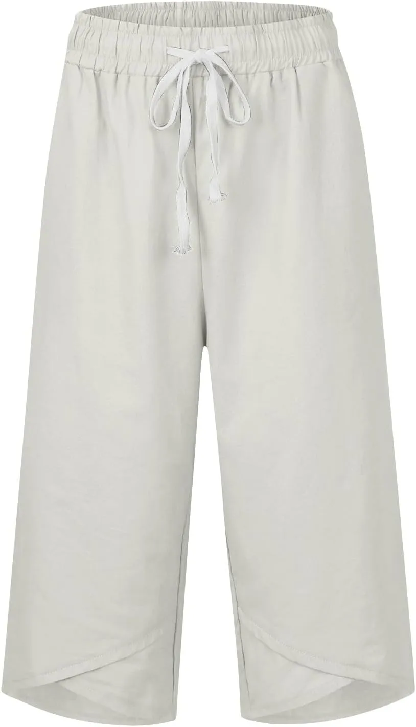 High Waisted Cotton Linen Capri Pants Women - Plus Size High Rise Breathable Trousers with Pocket for Summer Beach