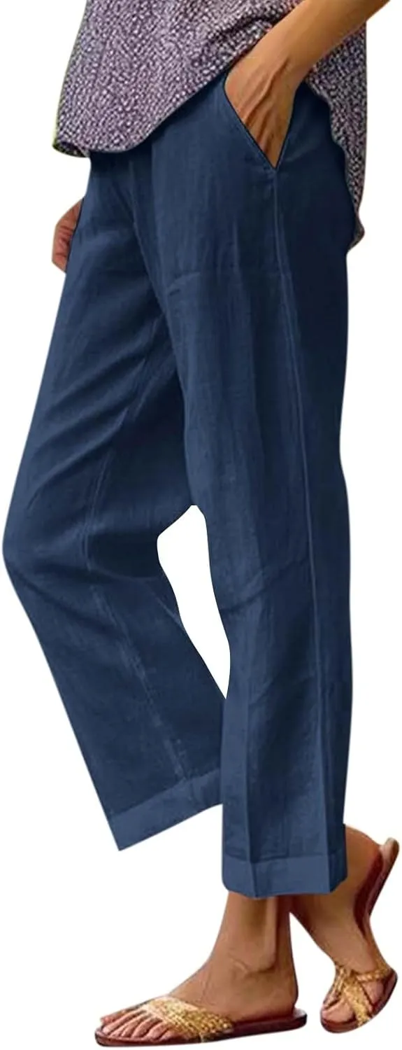High Waisted Linen Cropped Pants Women Summer Baggy Stretchy Palazzo Lightweight Casual Boho Beach Pants w/Pockets