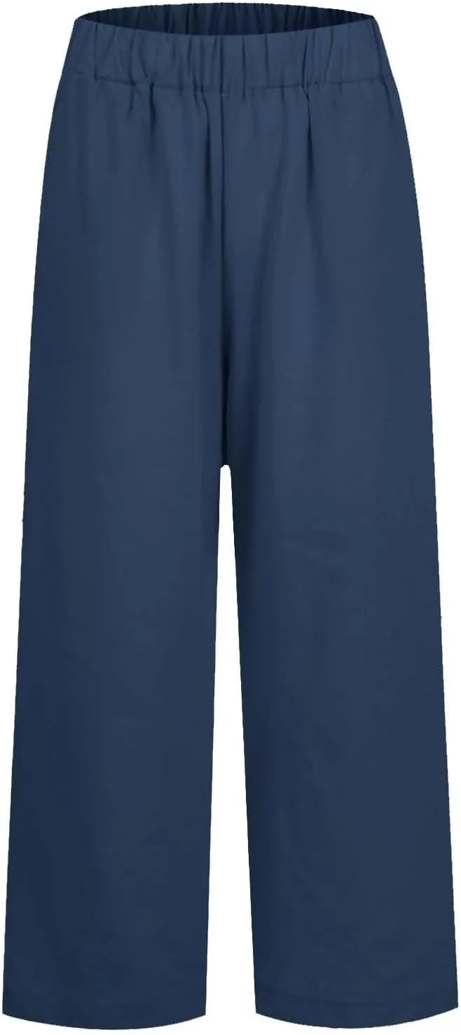 High Waisted Linen Cropped Pants Women Summer Baggy Stretchy Palazzo Lightweight Casual Boho Beach Pants w/Pockets