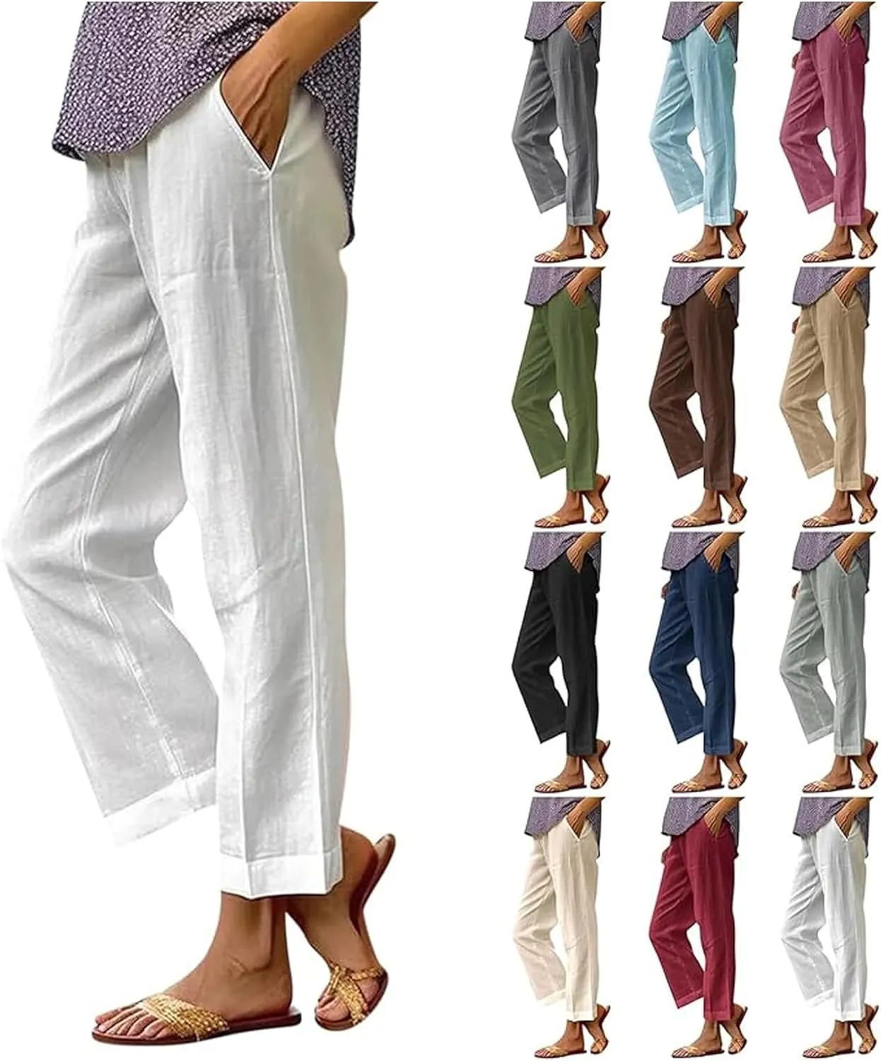 High Waisted Linen Cropped Pants Women Summer Baggy Stretchy Palazzo Lightweight Casual Boho Beach Pants w/Pockets