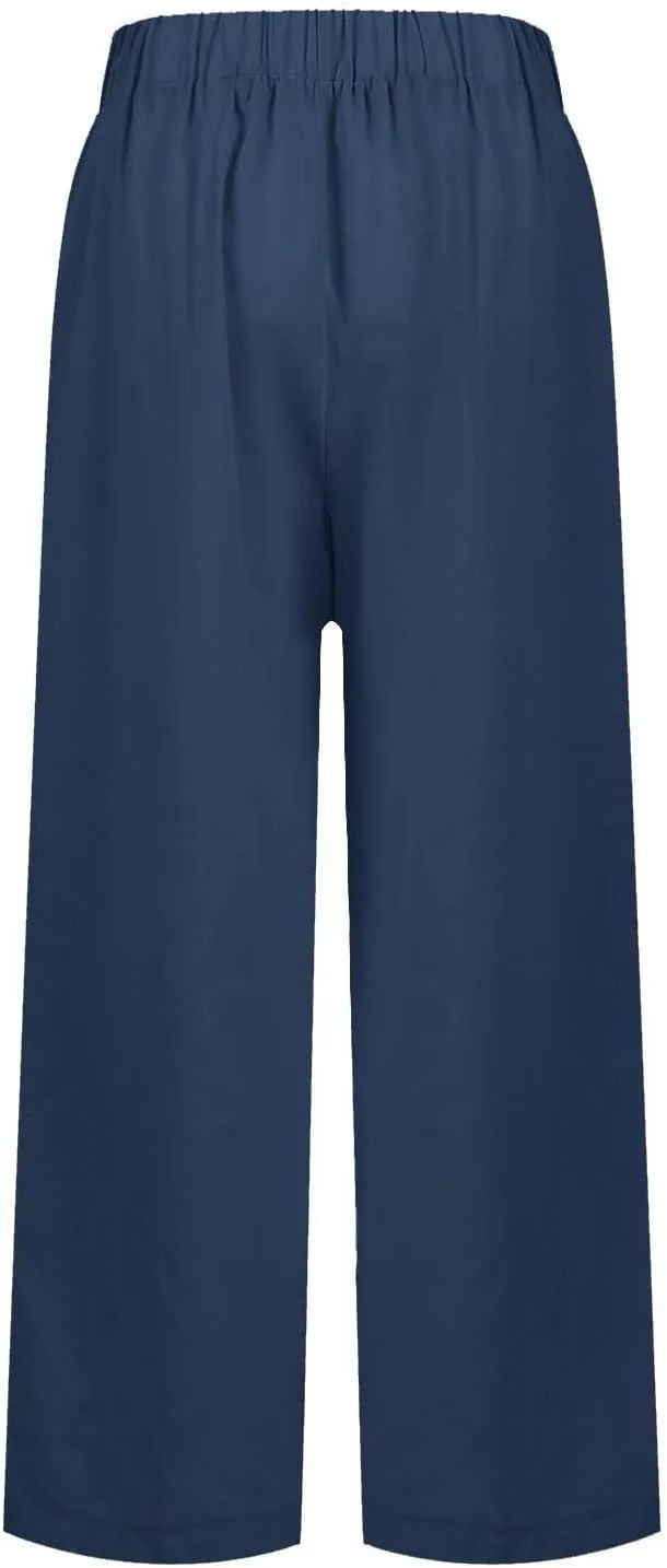 High Waisted Linen Cropped Pants Women Summer Baggy Stretchy Palazzo Lightweight Casual Boho Beach Pants w/Pockets