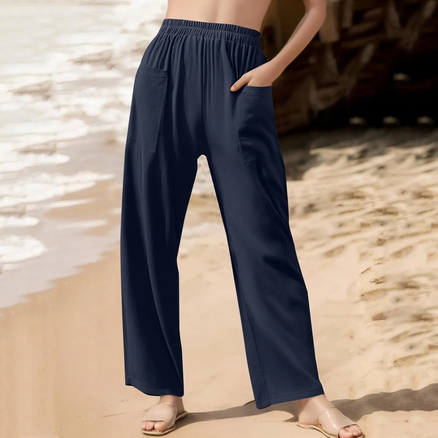 High Waisted Linen Pants Women Summer Pants Wide Leg Trouser Lounge Pant Office Palazzo Pant with Pockets (S-2Xl)