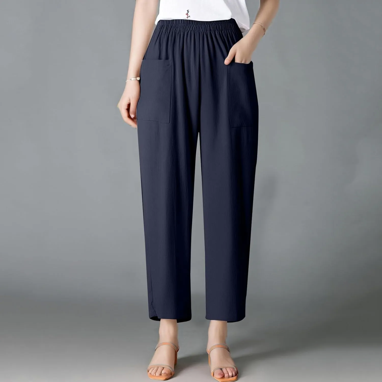 High Waisted Linen Pants Women Summer Pants Wide Leg Trouser Lounge Pant Office Palazzo Pant with Pockets (S-2Xl)