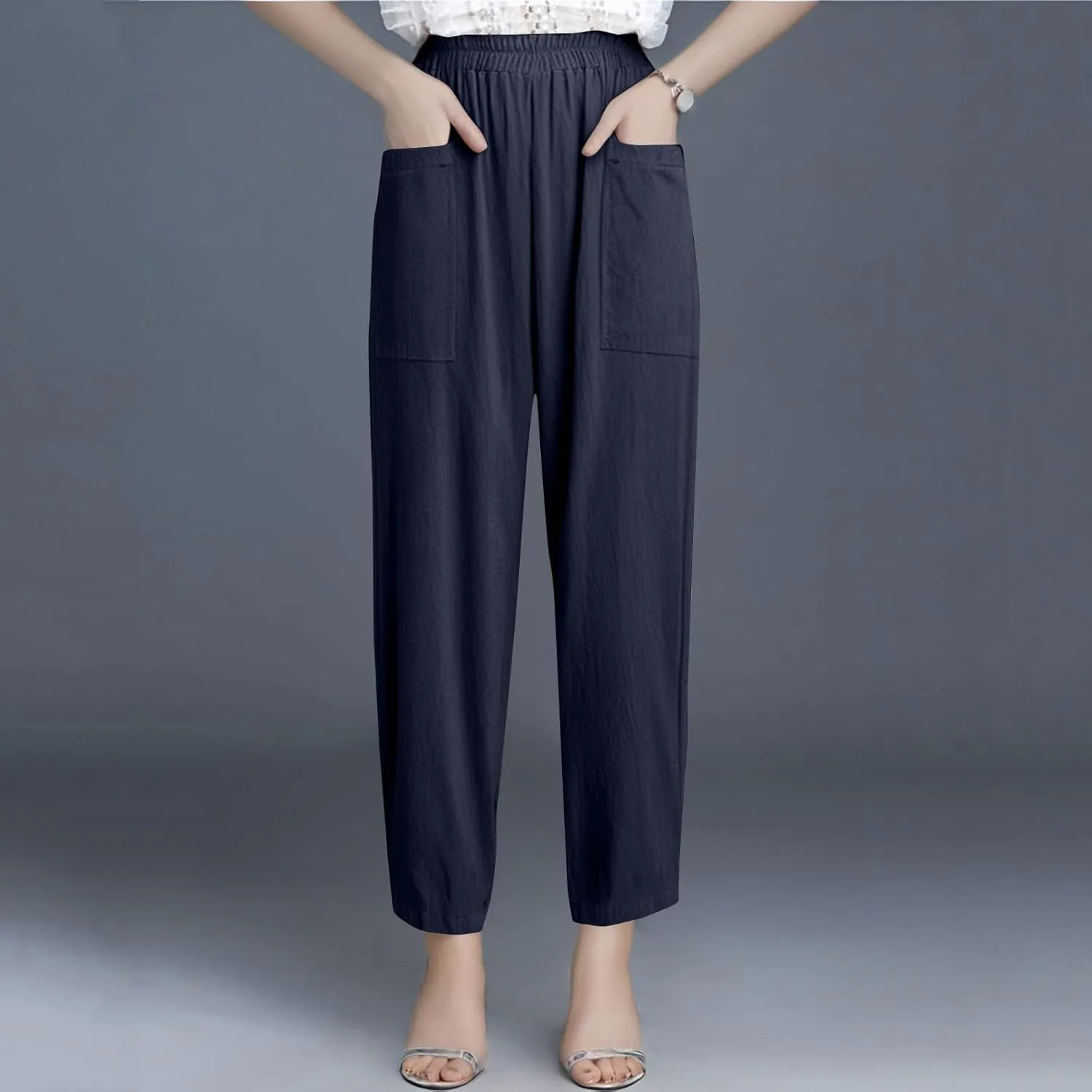High Waisted Linen Pants Women Summer Pants Wide Leg Trouser Lounge Pant Office Palazzo Pant with Pockets (S-2Xl)